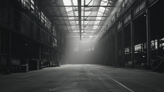 A spacious, industrial warehouse with light streaming through, creating a moody atmosphere photo