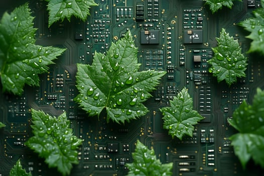 Nature Meets Technology Green Leaves on Circuit Board for Environmental Concept Design photo