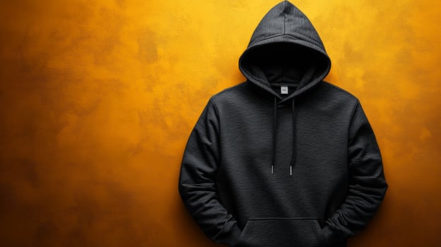 A black hoodie with a black hoodie on a yellow background photo