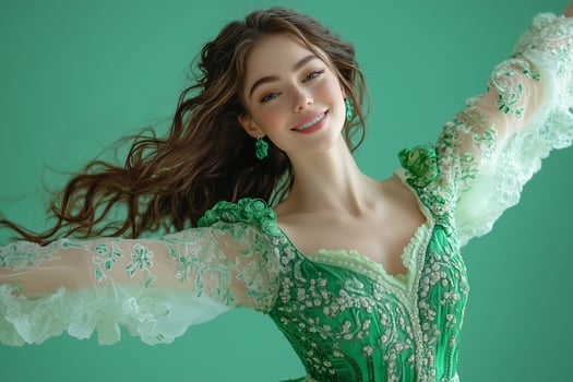 Graceful woman dancing in emerald green dress, celebrating traditional irish cultural performance with vibrant energy photo