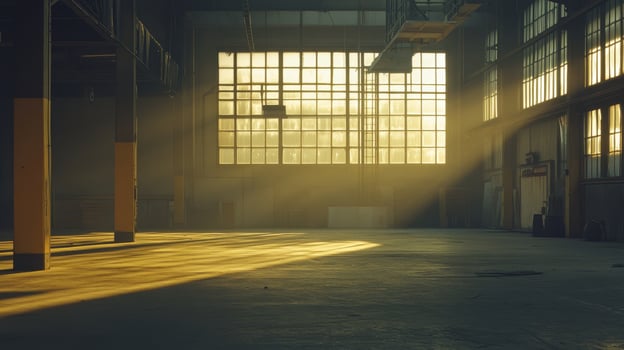 An empty industrial space illuminated by sunlight, creating a serene atmosphere. photo