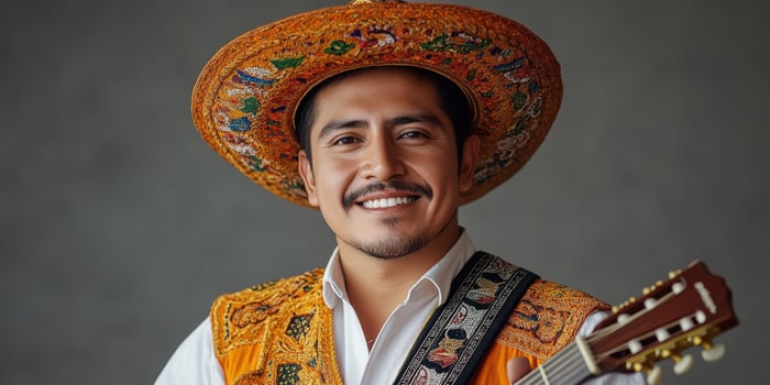Smiling musician in traditional attire holds guitar, showcasing regional culture and festive spirit photo