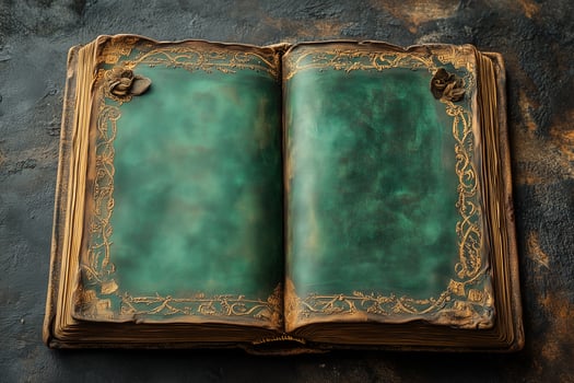 Ancient green leather-bound book with ornate gold detailing, symbolizing Irish heritage, folklore, and immigration stories photo