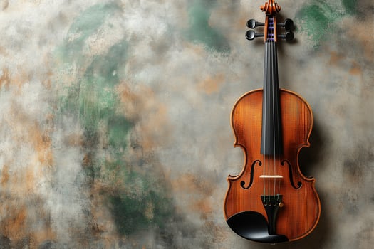 Elegant classical violin resting on textured surface, showcasing musical instrument's refined craftsmanship from overhead perspective copy space photo