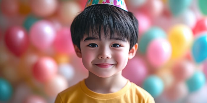 Happy child celebrating with colorful balloons and a party hat in a joyful atmosphere photo
