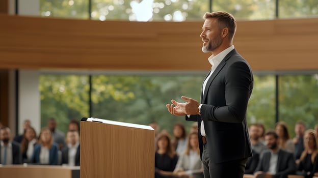 Inspiring CEO delivering a speech to a diverse group of employees in an open workspace, full body wide angle photo