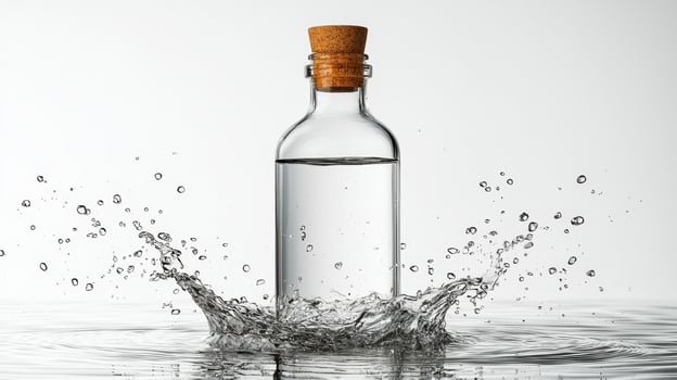 Dynamic water splash from a clear glass bottle studio setting high-quality photography minimalist aesthetic photo