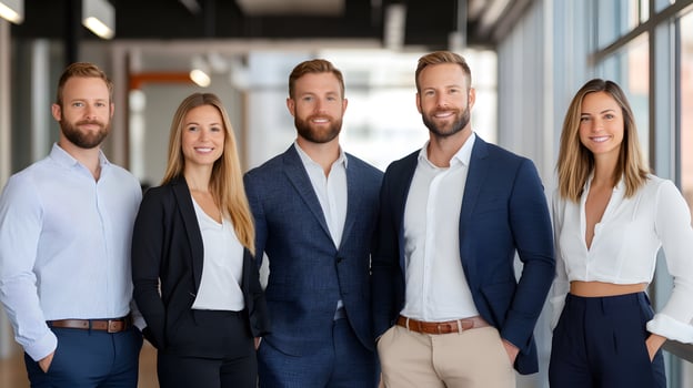 Group of professionals standing confidently near project board, workplace setting, full body wide angle photo