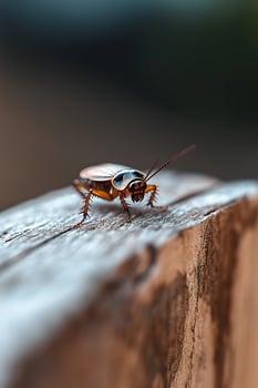 A cockroach is standing still on a slightly weathered wooden surface. Natural lighting highlights the intricate textures of its exoskeleton and the wood grain, with a softly blurred background photo