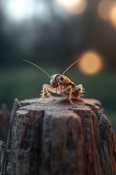 A cockroach stands still on a weathered wooden surface, illuminated by soft natural light. The textures of its exoskeleton and the wood grain are beautifully highlighted, creating a serene atmosphere photo