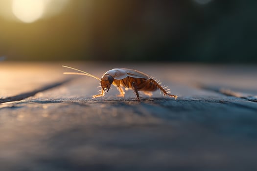 A cockroach stands still on an aged wooden surface, illuminated by soft natural light. The textures of its exoskeleton and the wood grain are highlighted, creating a detailed ecological view photo