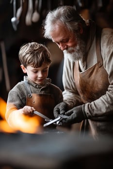 In a warm, nostalgic atmosphere, a young apprentice closely watches a master blacksmith as he shapes glowing metal in a traditional forge, surrounded by tools and flickering firelight photo