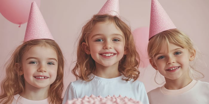 Three smiling children wearing party hats celebrate a birthday with pink decorations and a cake in a cheerful indoor setting photo