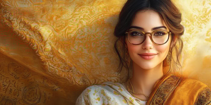Woman dressed in traditional attire smiles warmly against a rich golden backdrop photo