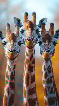 Giraffes posing together against a colorful background in a serene wildlife setting during daylight hours photo