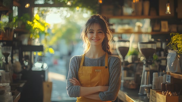 Small business owner interacting with customers in her cozy, minimalist coffee shop photo