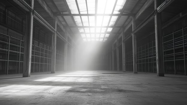 A spacious, empty industrial warehouse illuminated by beams of light through the roof photo