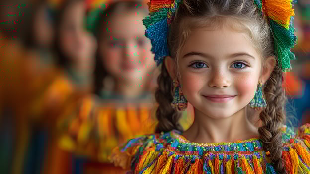 Children learning Irish dance in cultural workshop wearing vibrant costumes photo