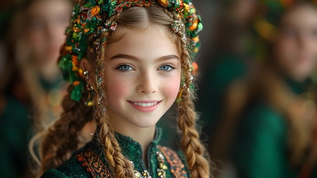 Irish dancers in festive attire celebrating cultural heritage in a parade photo