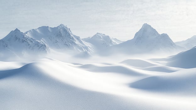 A serene winter landscape featuring snow-covered mountains and gentle slopes. photo
