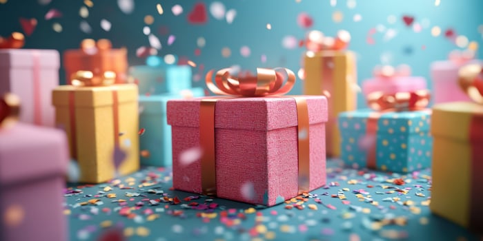 Colorful wrapped gifts surrounded by confetti create a festive atmosphere for a celebration or special occasion photo