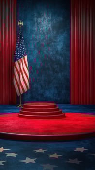 Red carpet stage with American flag and blue backdrop ready for an election event or political speech photo