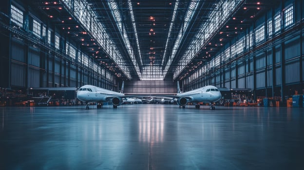 A spacious aircraft hangar with two parked airplanes under bright industrial lighting photo