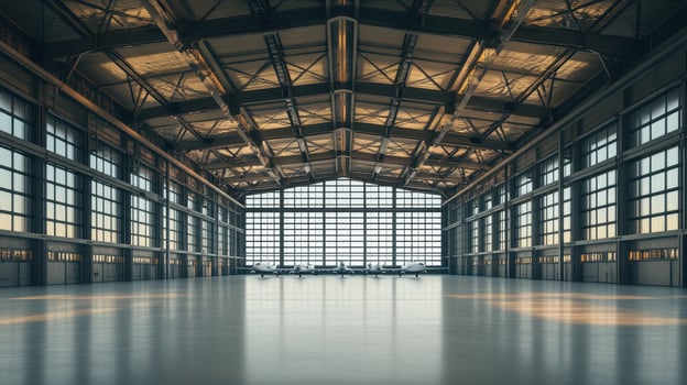 A spacious industrial interior with large windows and a polished floor, ideal for aviation activities. photo