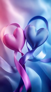 Colorful satin hearts entwined with ribbons on a softly lit background create a romantic atmosphere for special occasions photo