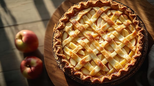 A lattice-patterned apple pie with three apples nearby photo