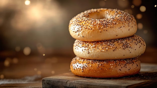 Stacked bagels with poppy seeds and sesame photo