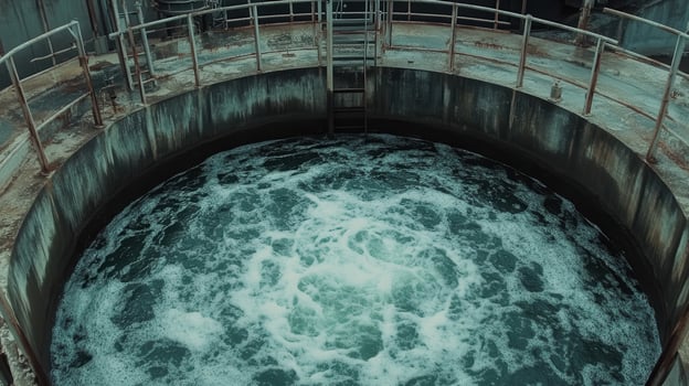 A circular industrial tank with swirling water, likely part of a wastewater treatment process photo