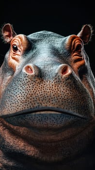Close-up view of a hippopotamus showcasing intricate facial textures and features against a dark background photo