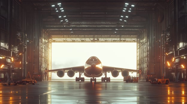 A large airplane is positioned in a hangar, illuminated by soft light from the open doors. photo