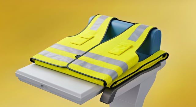 A yellow vest is sitting on top of a desk photo