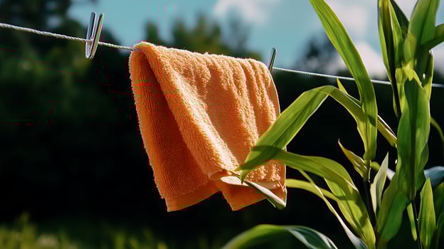 An orange towel hanging on a clothesline photo