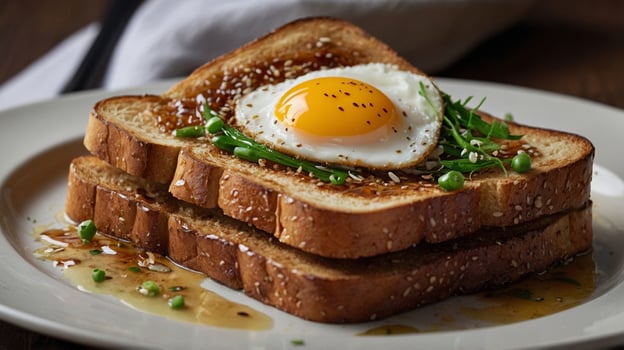 Delicious breakfast toast with fried egg, sesame seeds, and greens on a plate, close-up shot perfect for food bloggers and websites photo