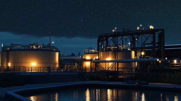 Nighttime industrial scene with illuminated storage tanks and machinery against a starry sky. photo