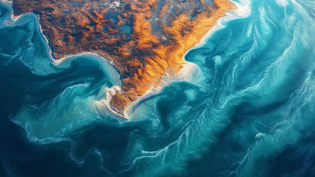 High-altitude observation captures intricate water movements along the southern coastline, showcasing rich textures and vibrant colors produced by natural processes. photo