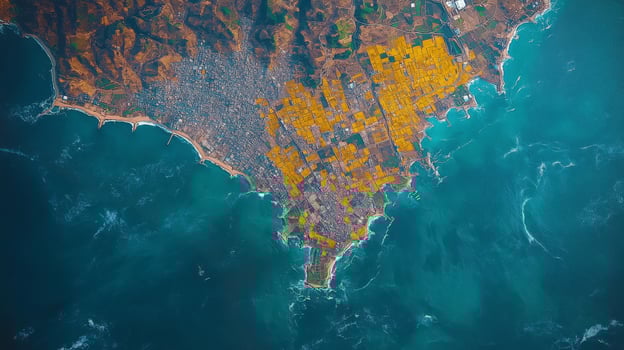 This satellite observation highlights a coastal area with a rich blend of urban landscapes and agricultural fields. photo