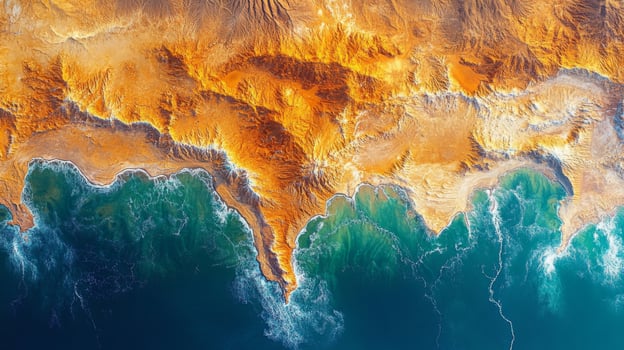 This high-resolution satellite imagery captures detailed coastal landscapes showcasing the intersection of land and ocean. Geospatial analysis reveals significant features and patterns. photo