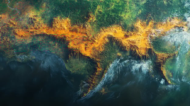 This satellite imagery showcases a vibrant representation of rugged terrain, detailing geological formations across a sprawling region. photo