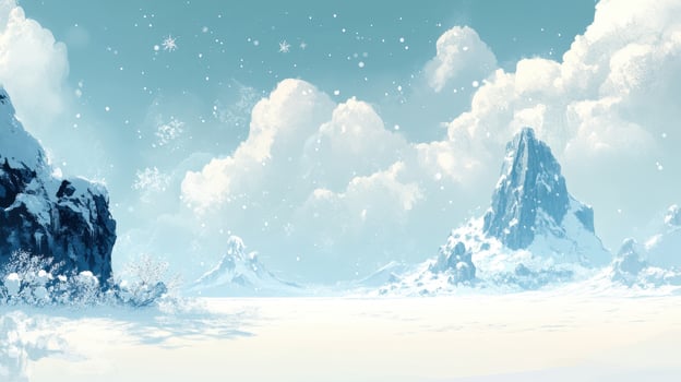 A serene winter landscape featuring snow-covered mountains and a tranquil sky. photo