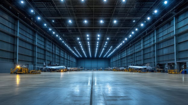 A spacious aircraft hangar with parked planes and bright overhead lights. photo