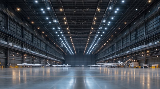 A spacious aircraft hangar with multiple planes lined up, illuminated by bright overhead lights. photo
