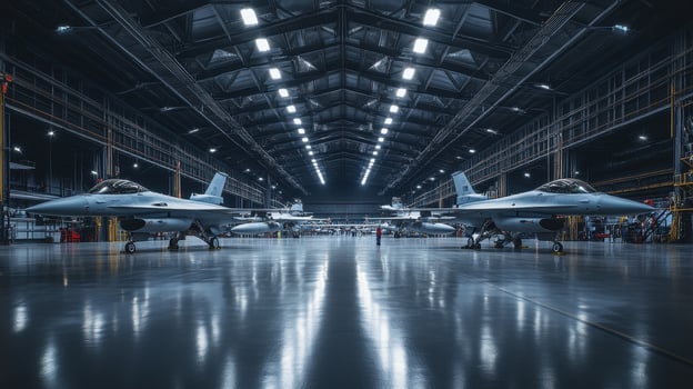 Two fighter jets in a spacious hangar, showcasing military aviation and engineering. photo