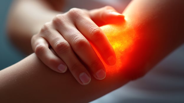 Female hand pressing on a glowing elbow to relieve pain and discomfort. photo