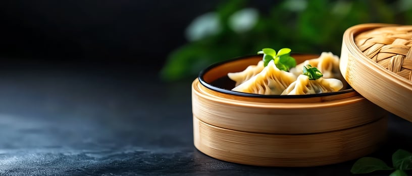 Steamed dumplings in bamboo steamer basket. photo