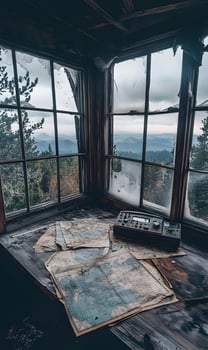 Eerie abandoned lookout with shattered windows, vintage maps, and antiquated radio conveys solitude photo