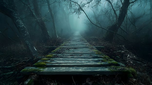Eerie boardwalk through shadowy, mist-filled woodlands evokes a sense of ominous mystery photo